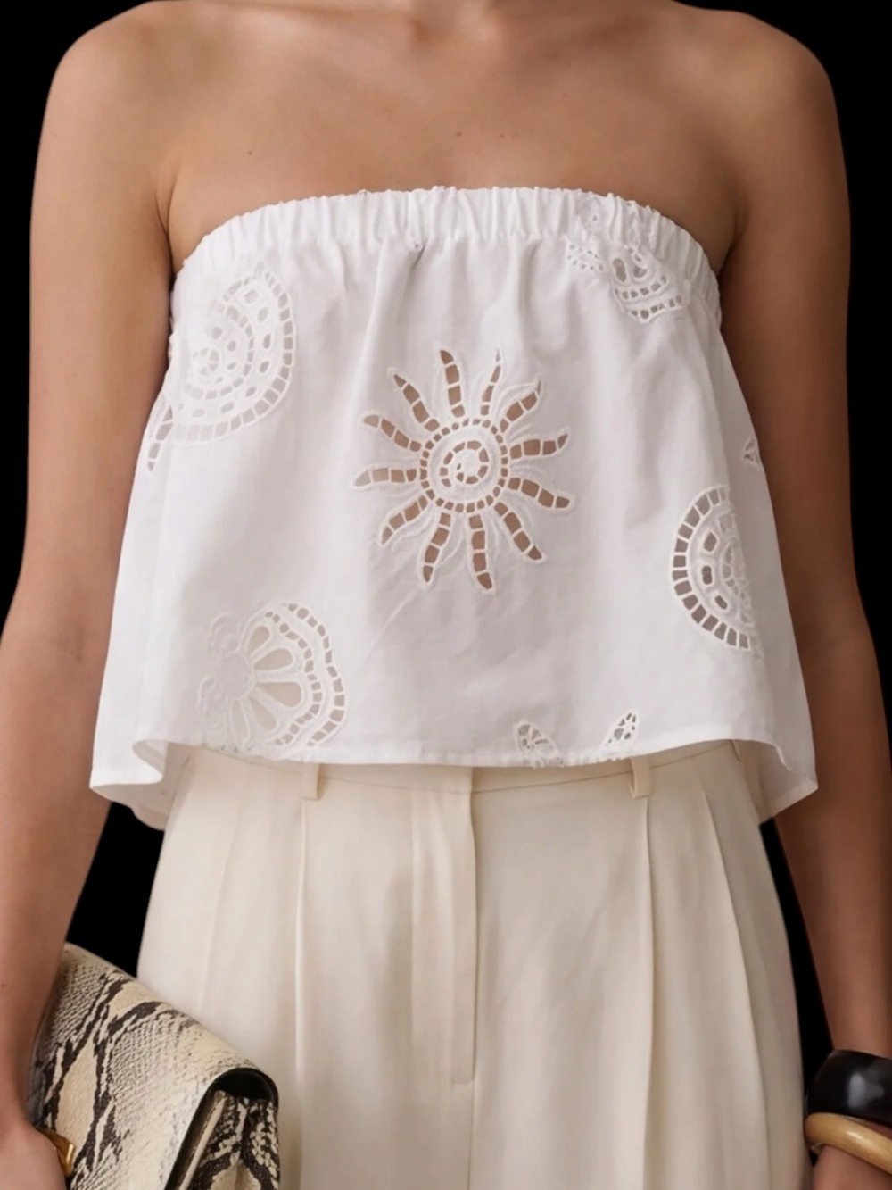 Few Moda Seaside Cotton Tank Strapless White Eyelet Cropped Top NWT